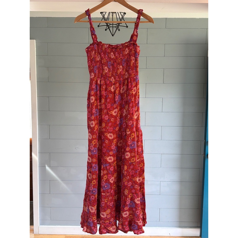 Natural Life Red Floral Smocked Maxi Dress Boho Tiered Ruffle Straps Large